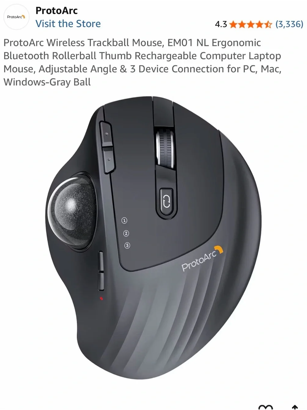 EM01 NL ProtoArc Gray Ergonomic Wireless Trackball Mouse